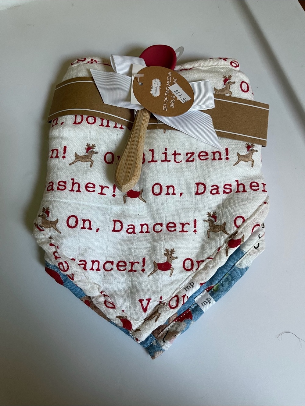 Holiday Reindeer Muslin Bandana Bib Set with Spoon